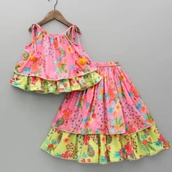 Sale Floral Printed Tie Up Strappy Dual Tone Top And Layered Lehenga Ethnic Wear | Lehengas & Ghagras
