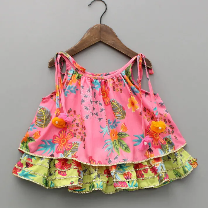 Sale Floral Printed Tie Up Strappy Dual Tone Top And Layered Lehenga Ethnic Wear | Lehengas & Ghagras