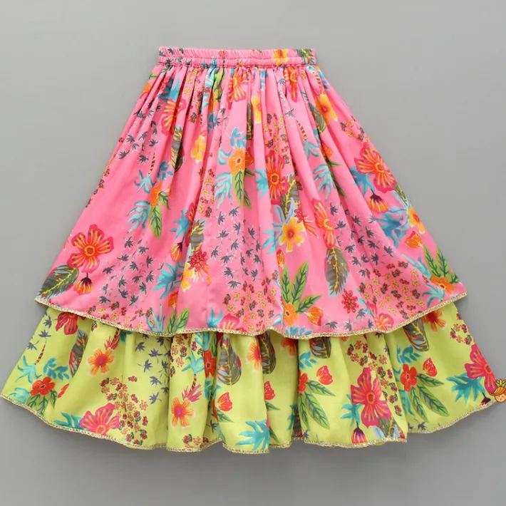 Sale Floral Printed Tie Up Strappy Dual Tone Top And Layered Lehenga Ethnic Wear | Lehengas & Ghagras