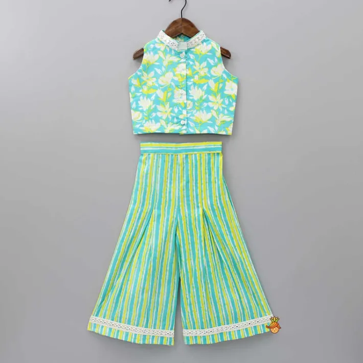 Sale Floral Printed Top With Stripes Printed Palazzo Ethnic Wear | Palazzos & Shararas