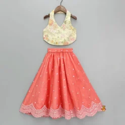 Outlet Floral Thread Embroidered Halter Neck Top And Peach Lehenga Ethnic Wear | Lehengas & Ghagras
