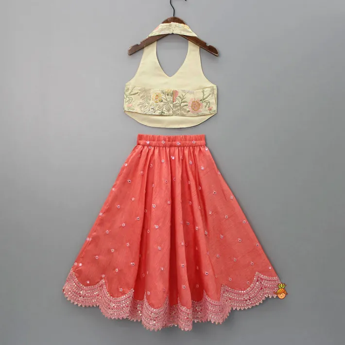 Outlet Floral Thread Embroidered Halter Neck Top And Peach Lehenga Ethnic Wear | Lehengas & Ghagras