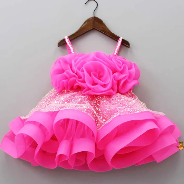 Best Flower Adorned Strappy Net Pink Dress Dresses & Sets | Dresses