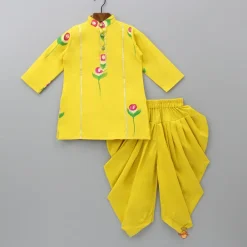 Hot Flower And Leaf Printed Mustard Yellow Kurta And Dhoti BOY Indian Ethnic Wear | Ethnic Sets