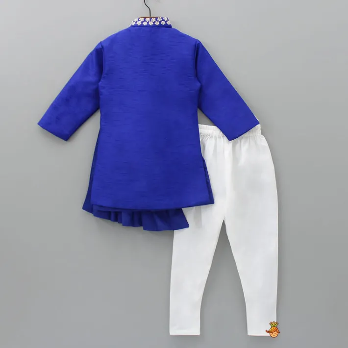 Discount Flowers Embellished Pleated Asymmetric Blue Sherwani And Churidar BOY Indian Ethnic Wear | Sherwani Sets