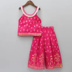 Outlet Foil Printed And Abhla Work Stylish Top With Box Pleated Palazzo Ethnic Wear | Palazzos & Shararas