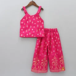 Outlet Foil Printed And Abhla Work Stylish Top With Box Pleated Palazzo Ethnic Wear | Palazzos & Shararas