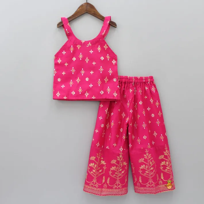 Outlet Foil Printed And Abhla Work Stylish Top With Box Pleated Palazzo Ethnic Wear | Palazzos & Shararas