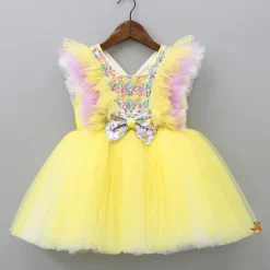 Best Frilly Sequin Work Yellow Dress With Matching Hair Clip Dresses & Sets | Dresses