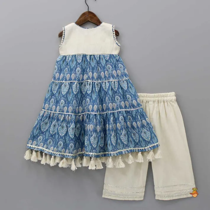 Discount Fringed Hem Flared Dual Tone Kurti And Off White Palazzo Twinning Sets | Ethnic Wear