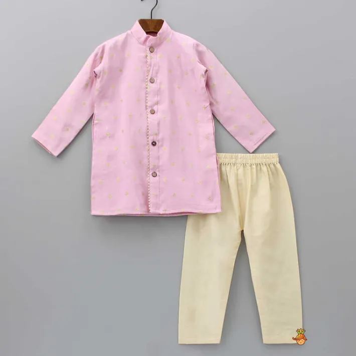 Best Front Open Booti Embroidered Pink Kurta And Beige Pyjama BOY Twinning Sets | Indian Ethnic Wear