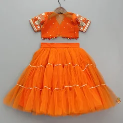 Sale Front Open Embroidered Orange Top And Tiered Net Lehenga With Fringes Dupatta Ethnic Wear | Lehengas & Ghagras