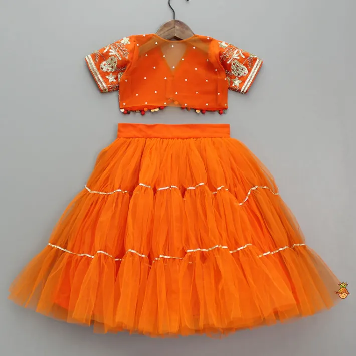 Sale Front Open Embroidered Orange Top And Tiered Net Lehenga With Fringes Dupatta Ethnic Wear | Lehengas & Ghagras