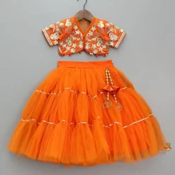 Sale Front Open Embroidered Orange Top And Tiered Net Lehenga With Fringes Dupatta Ethnic Wear | Lehengas & Ghagras