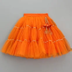 Sale Front Open Embroidered Orange Top And Tiered Net Lehenga With Fringes Dupatta Ethnic Wear | Lehengas & Ghagras