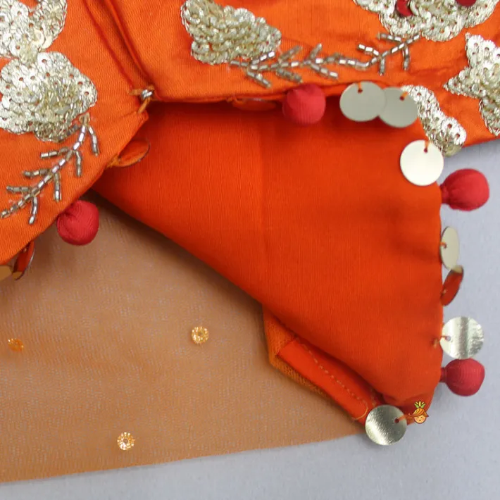 Sale Front Open Embroidered Orange Top And Tiered Net Lehenga With Fringes Dupatta Ethnic Wear | Lehengas & Ghagras