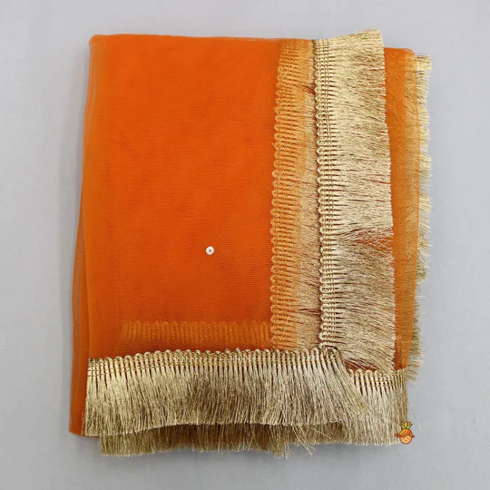 Sale Front Open Embroidered Orange Top And Tiered Net Lehenga With Fringes Dupatta Ethnic Wear | Lehengas & Ghagras