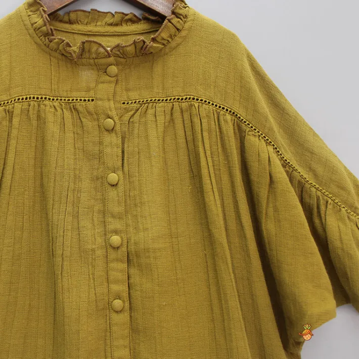 Discount Front Open Lace Detailing Mustard Top Tops & Tunics