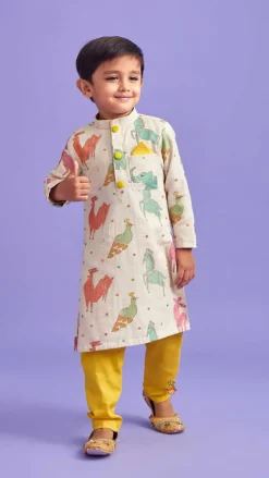 Clearance Front Placket Embroidered Kurta And Mustard Pyjama BOY Indian Ethnic Wear | Ethnic Sets