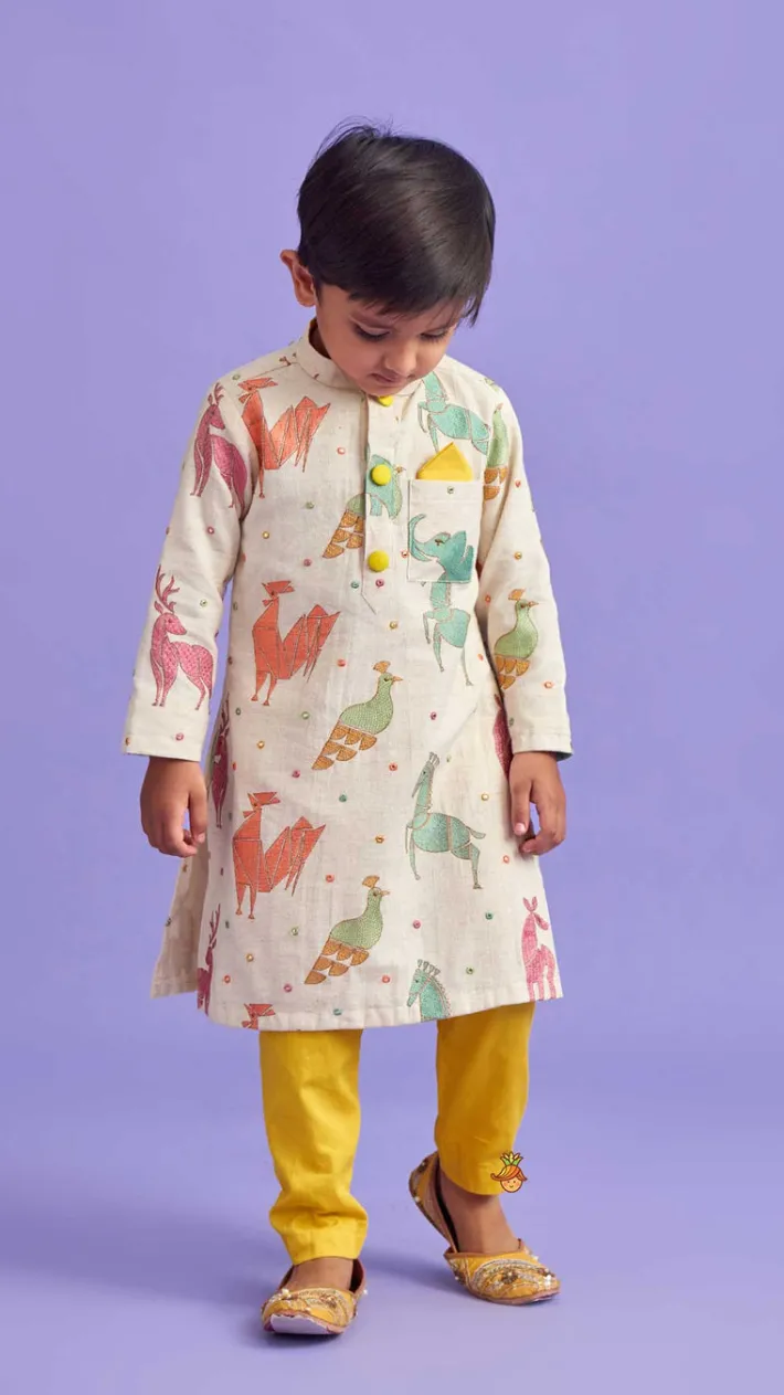 Clearance Front Placket Embroidered Kurta And Mustard Pyjama BOY Indian Ethnic Wear | Ethnic Sets