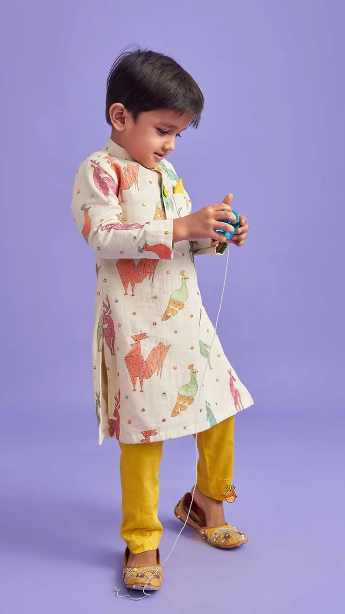 Clearance Front Placket Embroidered Kurta And Mustard Pyjama BOY Indian Ethnic Wear | Ethnic Sets