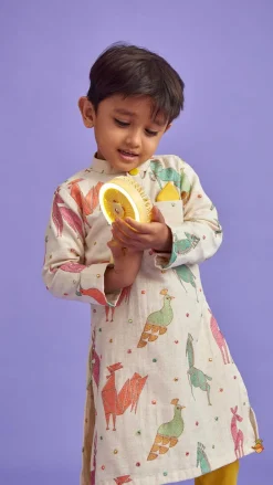 Clearance Front Placket Embroidered Kurta And Mustard Pyjama BOY Indian Ethnic Wear | Ethnic Sets