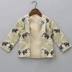 Clearance Front Placket Kurta With Gota Lace Work Beige Jacket And Pyjama BOY Indian Ethnic Wear | Ethnic Sets