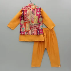 Fashion Front Placket Orange Kurta With Cotton Silk Multicolour Brocade Jacket And Pyjama BOY Indian Ethnic Wear | Ethnic Sets