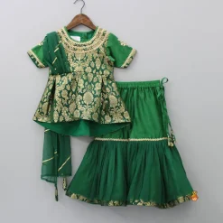 Sale Front Slit Brocade Green High Low Kurti With Attached Dupatta And Net Sharara Twinning Sets | Ethnic Wear