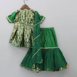 Sale Front Slit Brocade Green High Low Kurti With Attached Dupatta And Net Sharara Twinning Sets | Ethnic Wear