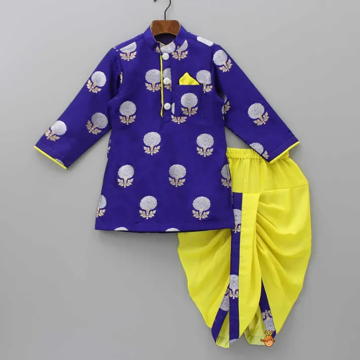 Sale Glorious Purple Brocade Kurta And Yellow Dhoti BOY Indian Ethnic Wear | Ethnic Sets