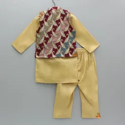 Fashion Golden Kurta With Multicolor Brocade Jacket And Pyjama BOY Indian Ethnic Wear | Ethnic Sets