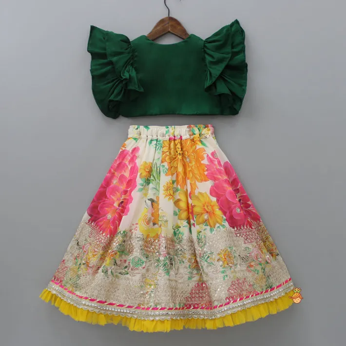 Hot Gota Floral Work Front Open Green Top And Printed Lehenga With Dupatta Ethnic Wear | Lehengas & Ghagras