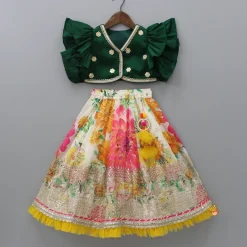 Hot Gota Floral Work Front Open Green Top And Printed Lehenga With Dupatta Ethnic Wear | Lehengas & Ghagras