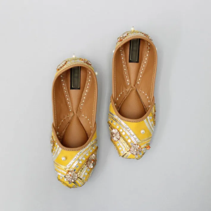 Best Gota Lace And Pearl Adorned Yellow Jutti Shoes