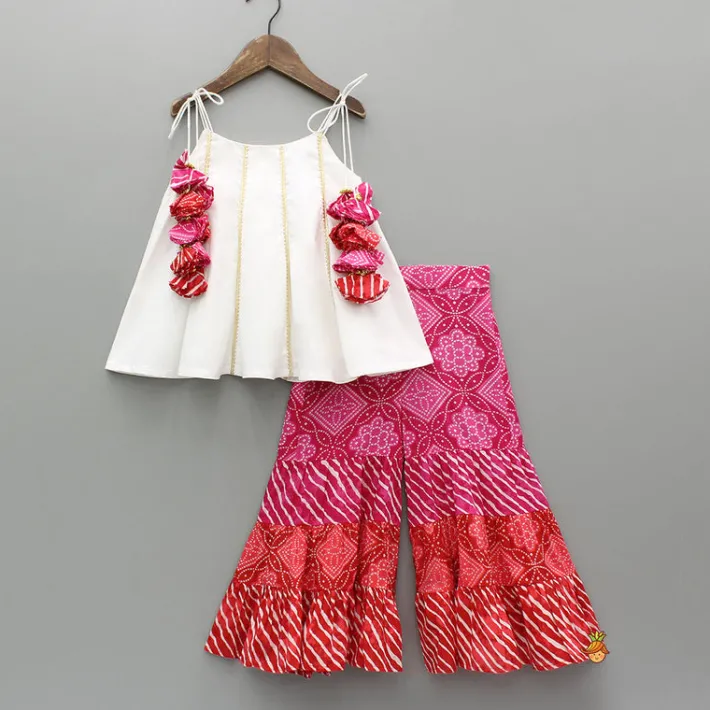 Online Gota Lace Detail Tie Up Top And Printed Sharara With Matching Dupatta Ethnic Wear | Palazzos & Shararas