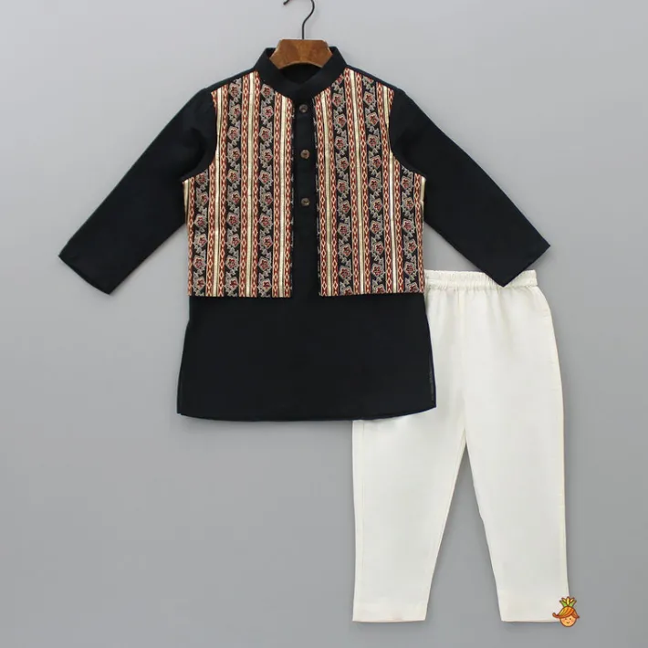 Clearance Gota Lace Detailed Jacket Style Black Kurta And Pyjama BOY Twinning Sets | Indian Ethnic Wear