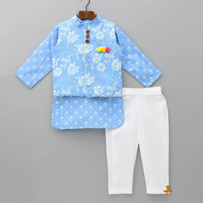 New Gota Lace Detailed Powder Blue Ethnic Kurta With Floral Printed Jacket And Pyjama BOY Indian Ethnic Wear | Ethnic Sets