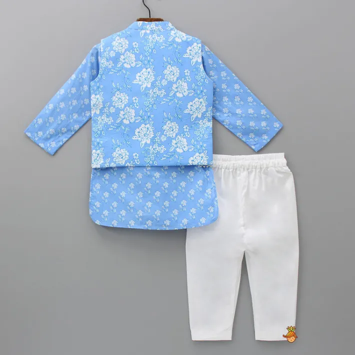 New Gota Lace Detailed Powder Blue Ethnic Kurta With Floral Printed Jacket And Pyjama BOY Indian Ethnic Wear | Ethnic Sets