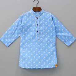 New Gota Lace Detailed Powder Blue Ethnic Kurta With Floral Printed Jacket And Pyjama BOY Indian Ethnic Wear | Ethnic Sets