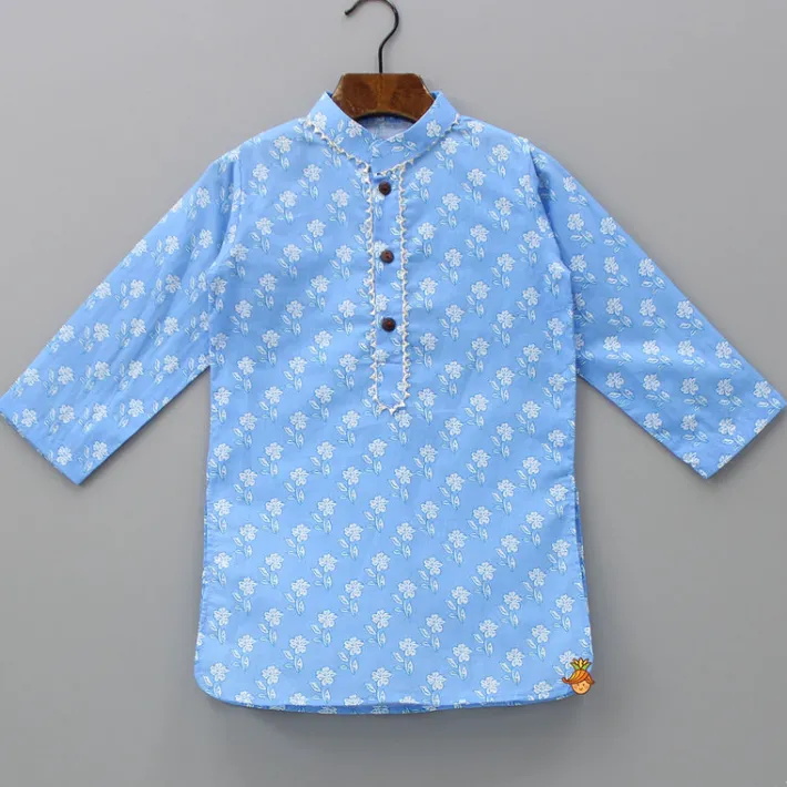 New Gota Lace Detailed Powder Blue Ethnic Kurta With Floral Printed Jacket And Pyjama BOY Indian Ethnic Wear | Ethnic Sets