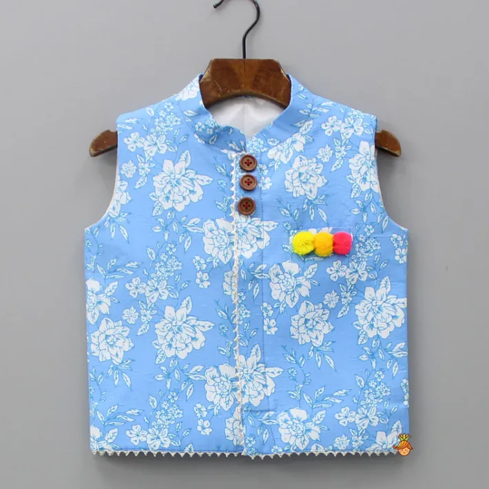New Gota Lace Detailed Powder Blue Ethnic Kurta With Floral Printed Jacket And Pyjama BOY Indian Ethnic Wear | Ethnic Sets