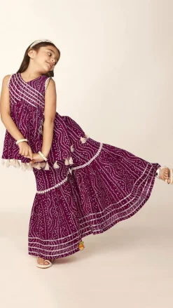 Outlet Gota Lace Work Yoke Bandhani Printed Fringes Purple Top And Sharara Ethnic Wear | Palazzos & Shararas