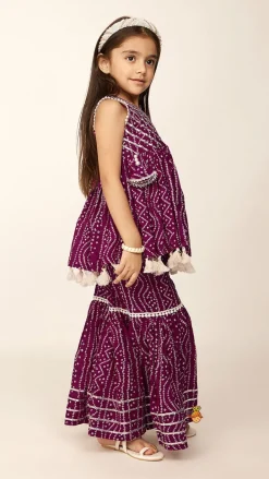 Outlet Gota Lace Work Yoke Bandhani Printed Fringes Purple Top And Sharara Ethnic Wear | Palazzos & Shararas