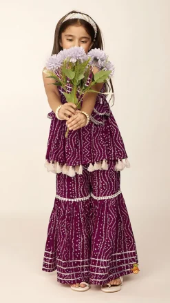 Outlet Gota Lace Work Yoke Bandhani Printed Fringes Purple Top And Sharara Ethnic Wear | Palazzos & Shararas
