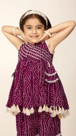 Outlet Gota Lace Work Yoke Bandhani Printed Fringes Purple Top And Sharara Ethnic Wear | Palazzos & Shararas