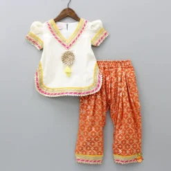 Sale Gota Work Off White Top And Chanderi Embroidered Orange Patiala With Fringes Detailed Dupatta Ethnic Wear | Dhotis & Patialas