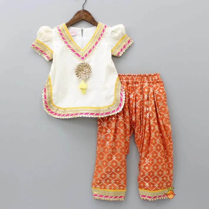 Sale Gota Work Off White Top And Chanderi Embroidered Orange Patiala With Fringes Detailed Dupatta Ethnic Wear | Dhotis & Patialas