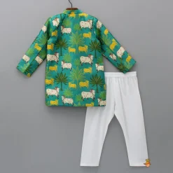 Clearance Green Animal Printed Sherwani With Pyjama BOY Indian Ethnic Wear | Sherwani Sets