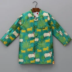 Clearance Green Animal Printed Sherwani With Pyjama BOY Indian Ethnic Wear | Sherwani Sets